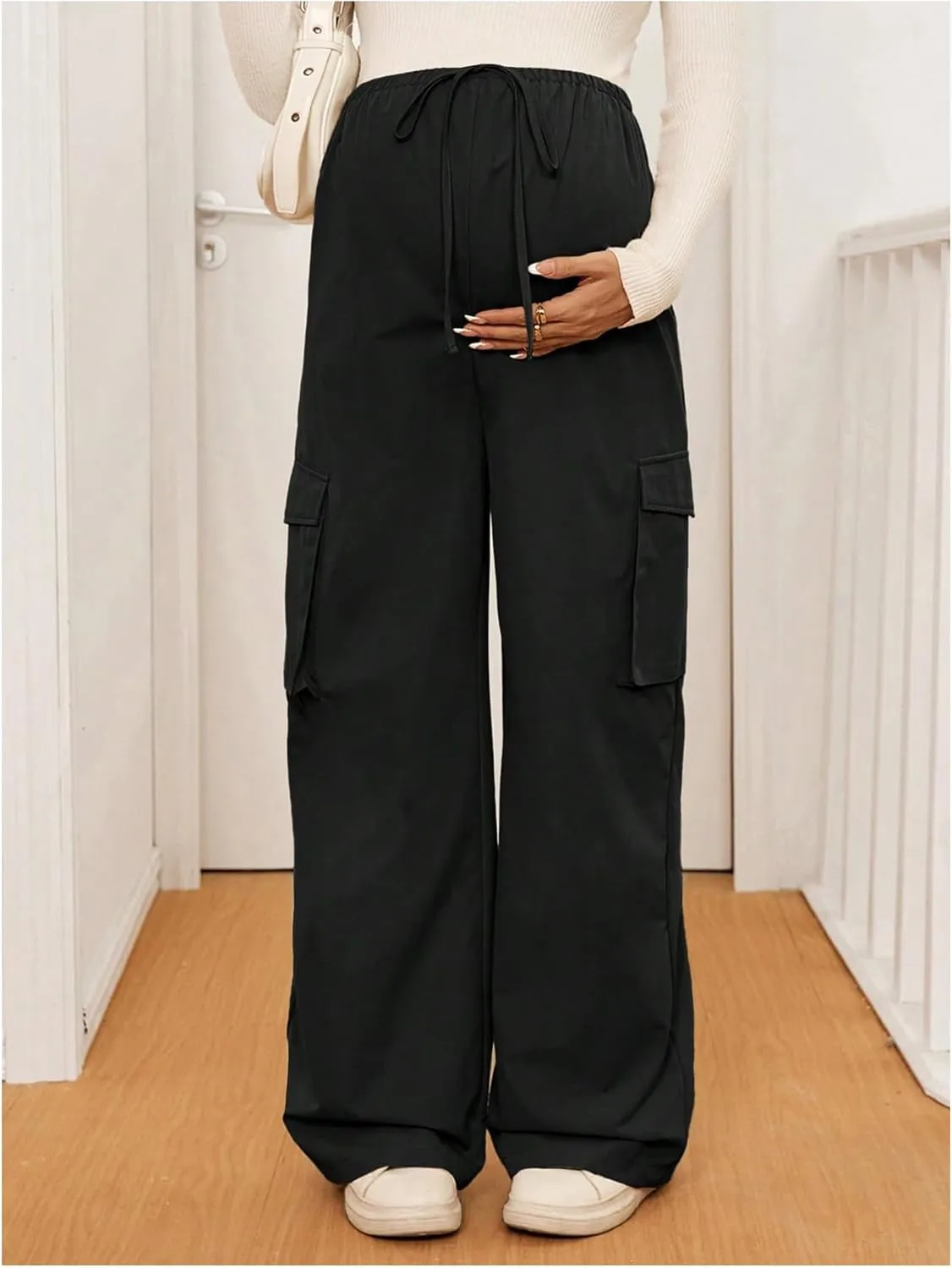 SHENHE Women's Maternity Cargo Pants High Waist Wide Leg Loose Pregnancy Trousers