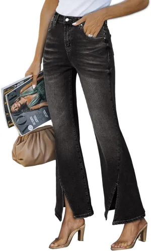Sidefeel Womens Jeans High Waisted Stretchy Zimbaplatinum Wide Leg Jeans Trendy Slit Hem Bell Bottom Flare Denim Pants