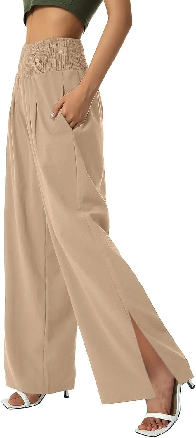 SMIDOW High Waist Wide Leg Cotton Linen Pants for Women Casual Loose Flowy Long Lounge Pant with Slit Flowy Trousers