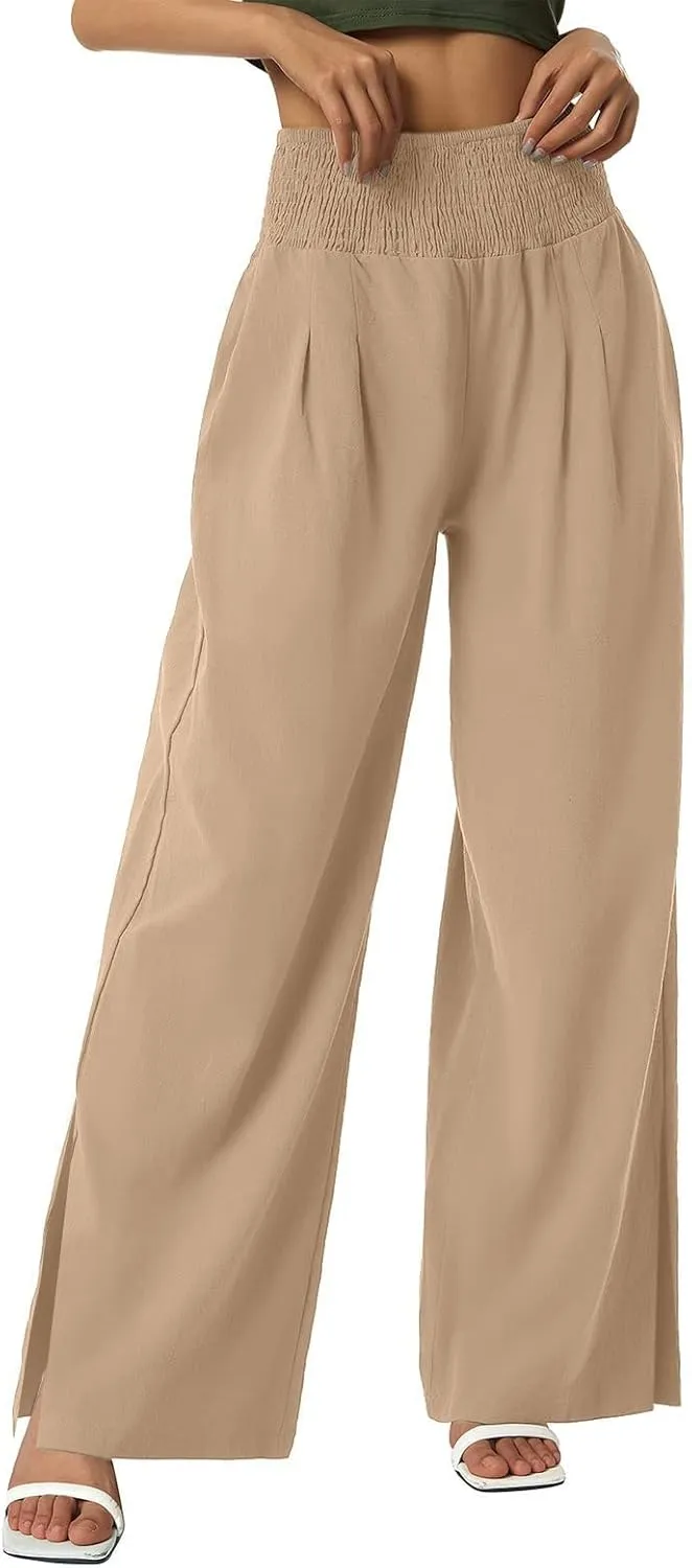SMIDOW High Waist Wide Leg Cotton Linen Pants for Women Casual Loose Flowy Long Lounge Pant with Slit Flowy Trousers