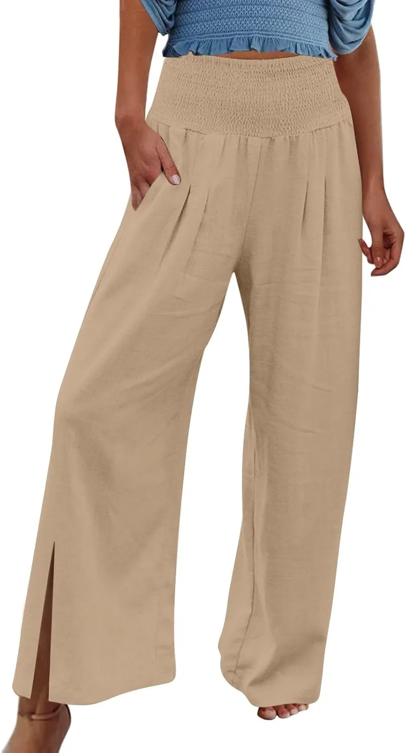 SMIDOW High Waist Wide Leg Cotton Linen Pants for Women Casual Loose Flowy Long Lounge Pant with Slit Flowy Trousers