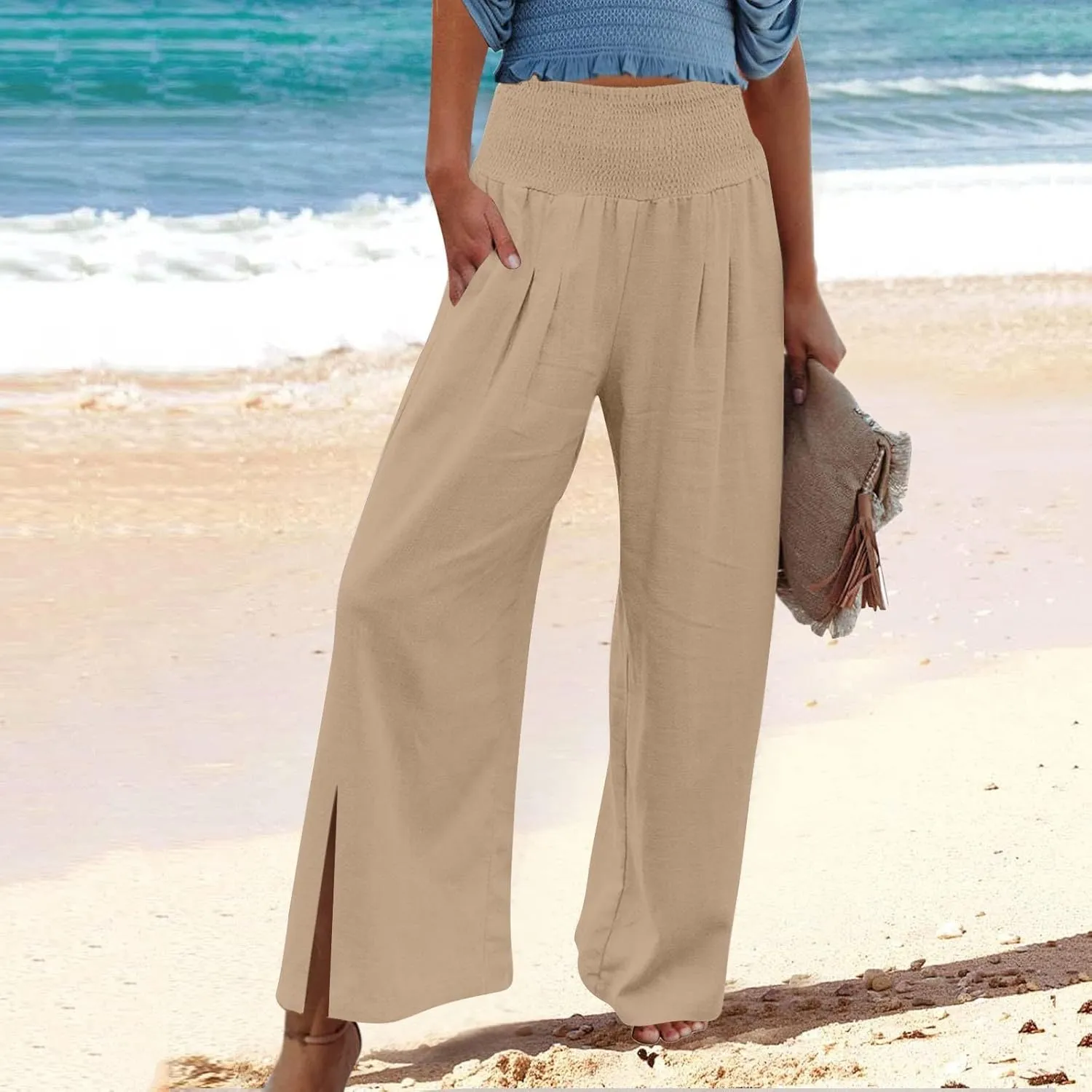 SMIDOW High Waist Wide Leg Cotton Linen Pants for Women Casual Loose Flowy Long Lounge Pant with Slit Flowy Trousers