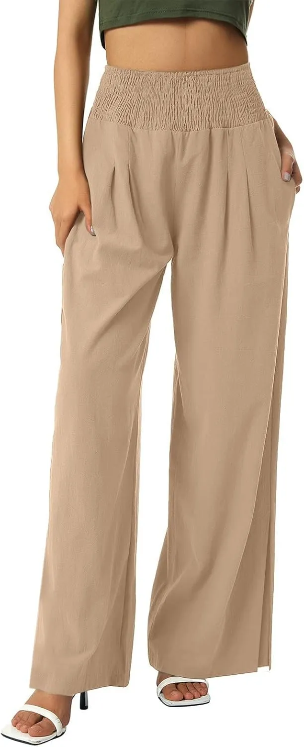 SMIDOW High Waist Wide Leg Cotton Linen Pants for Women Casual Loose Flowy Long Lounge Pant with Slit Flowy Trousers