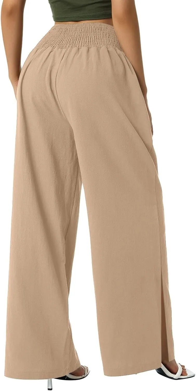 SMIDOW High Waist Wide Leg Cotton Linen Pants for Women Casual Loose Flowy Long Lounge Pant with Slit Flowy Trousers