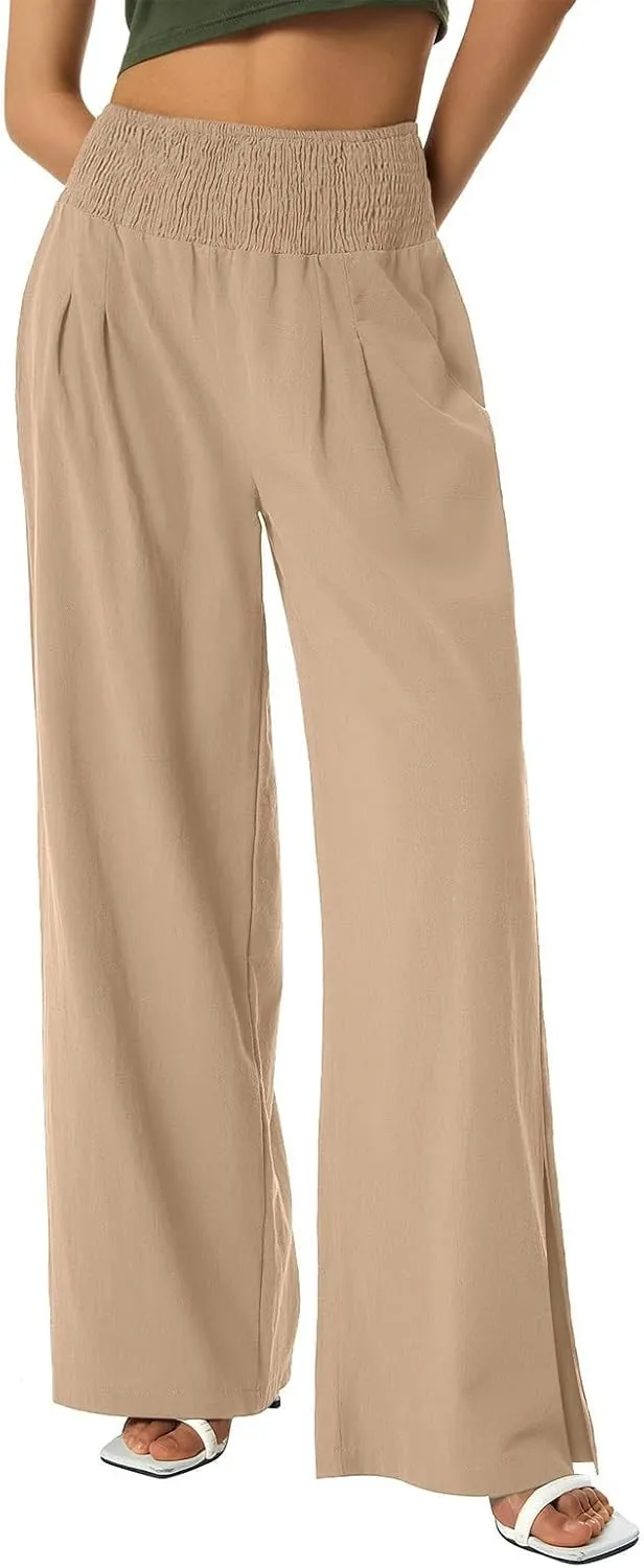 SMIDOW High Waist Wide Leg Cotton Linen Pants for Women Casual Loose Flowy Long Lounge Pant with Slit Flowy Trousers