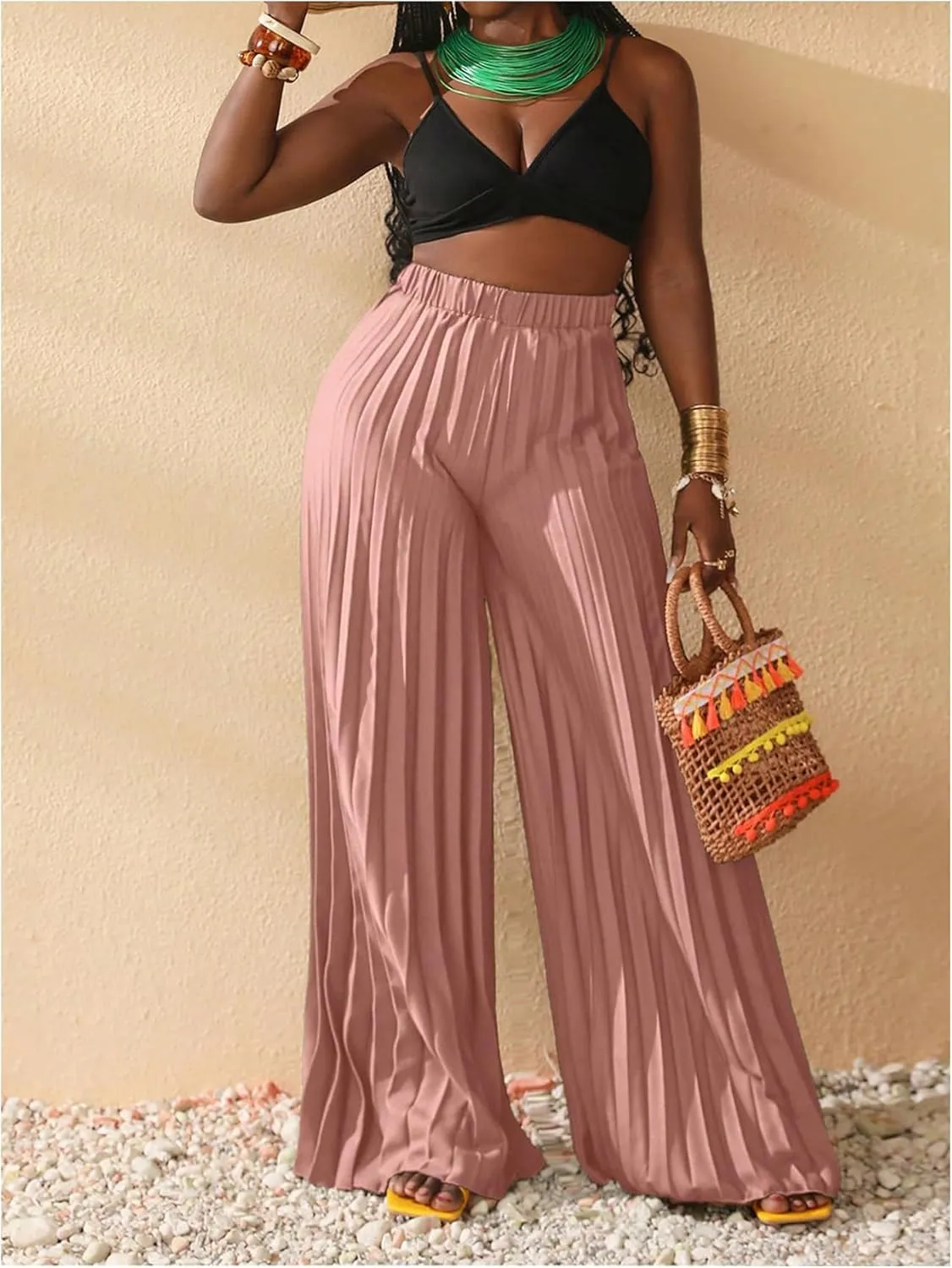 SOLY HUX Women's Wide Leg Palazzo Pleated Pants High Waisted Flowy Loose Dressy Casual Long Trousers