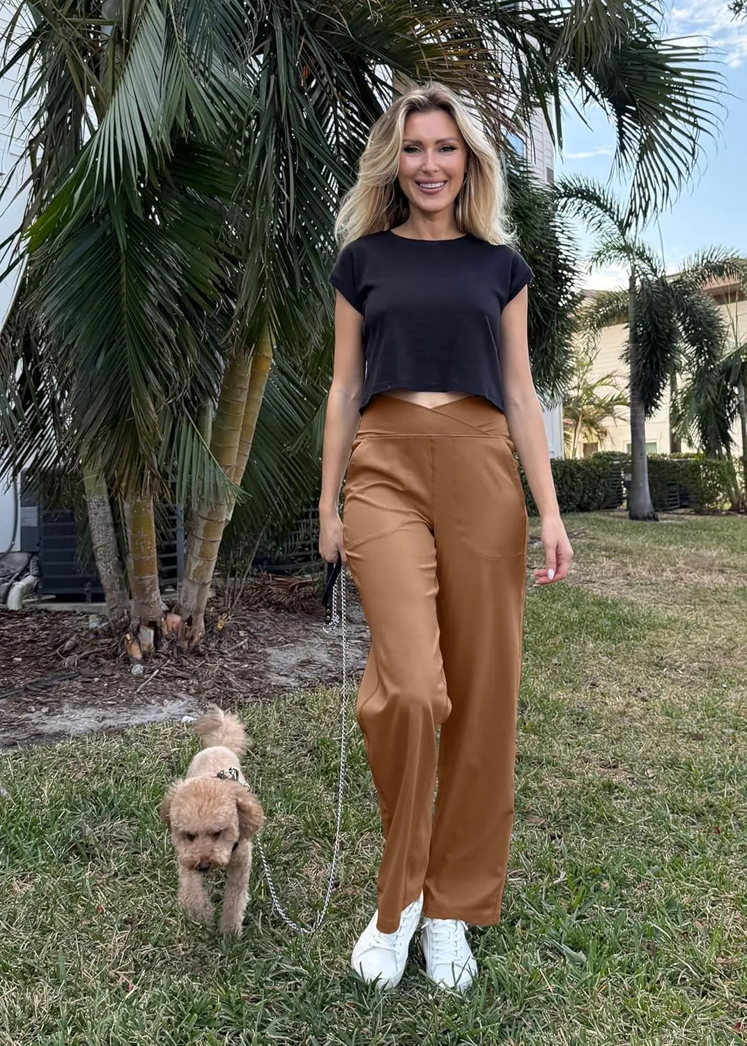 Soothfeel Wide Leg Pants Woman Yoga Pants with Pocket Crosscover High Waist Stretch Work Lounge Casual Dress Sweatpants