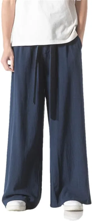 Spring Summer Men Cotton Linen Wide Leg Pants Chinese Style Vintage Harem Pants Casual Solid Color