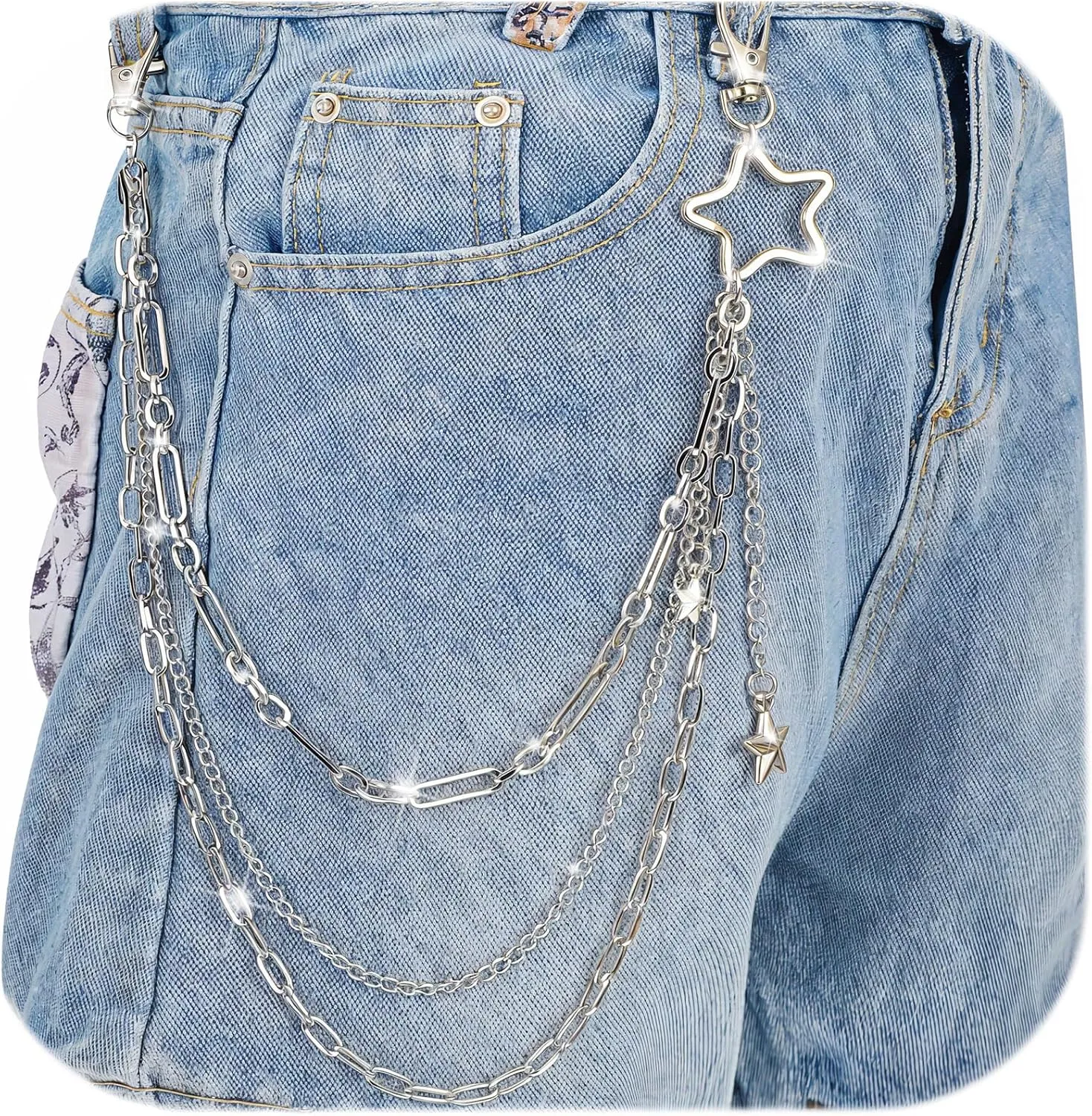 Star Pants Chain, Silver Layered Jean Chain Punk Pocket Chain for Men and Women, 1pcs Five-Pointed Star Chain for Pants, Stylish Wallet Chain for Jeans, Hip Hop Chains for Pants