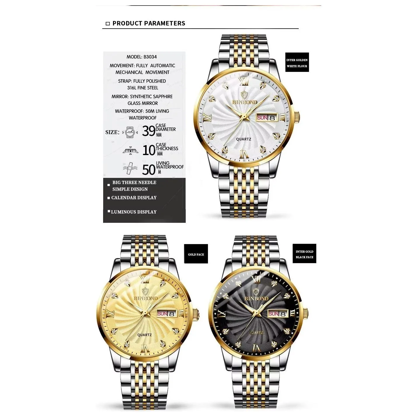 SteelLux Precision Calendar Quartz Casual Waterproof Watch