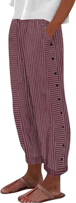 Striped Linen Pants Women Side Button High Waisted Straight Leg Pants Loose Fit Y2k Cotton Casual Pants with Pockets
