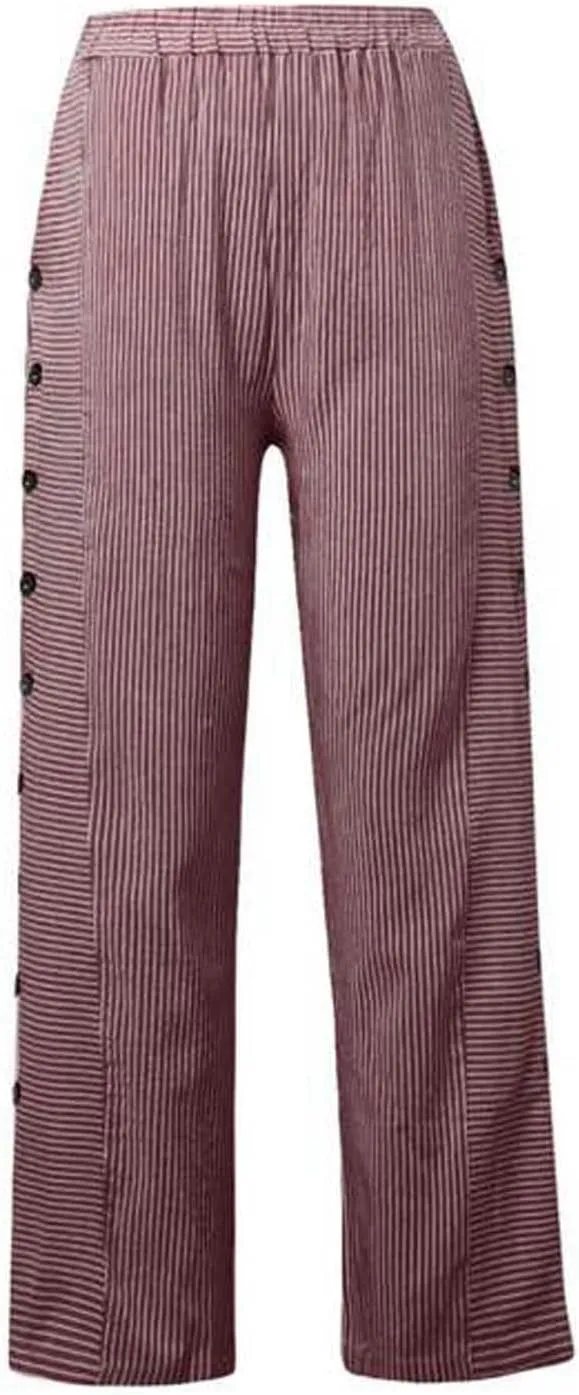 Striped Linen Pants Women Side Button High Waisted Straight Leg Pants Loose Fit Y2k Cotton Casual Pants with Pockets