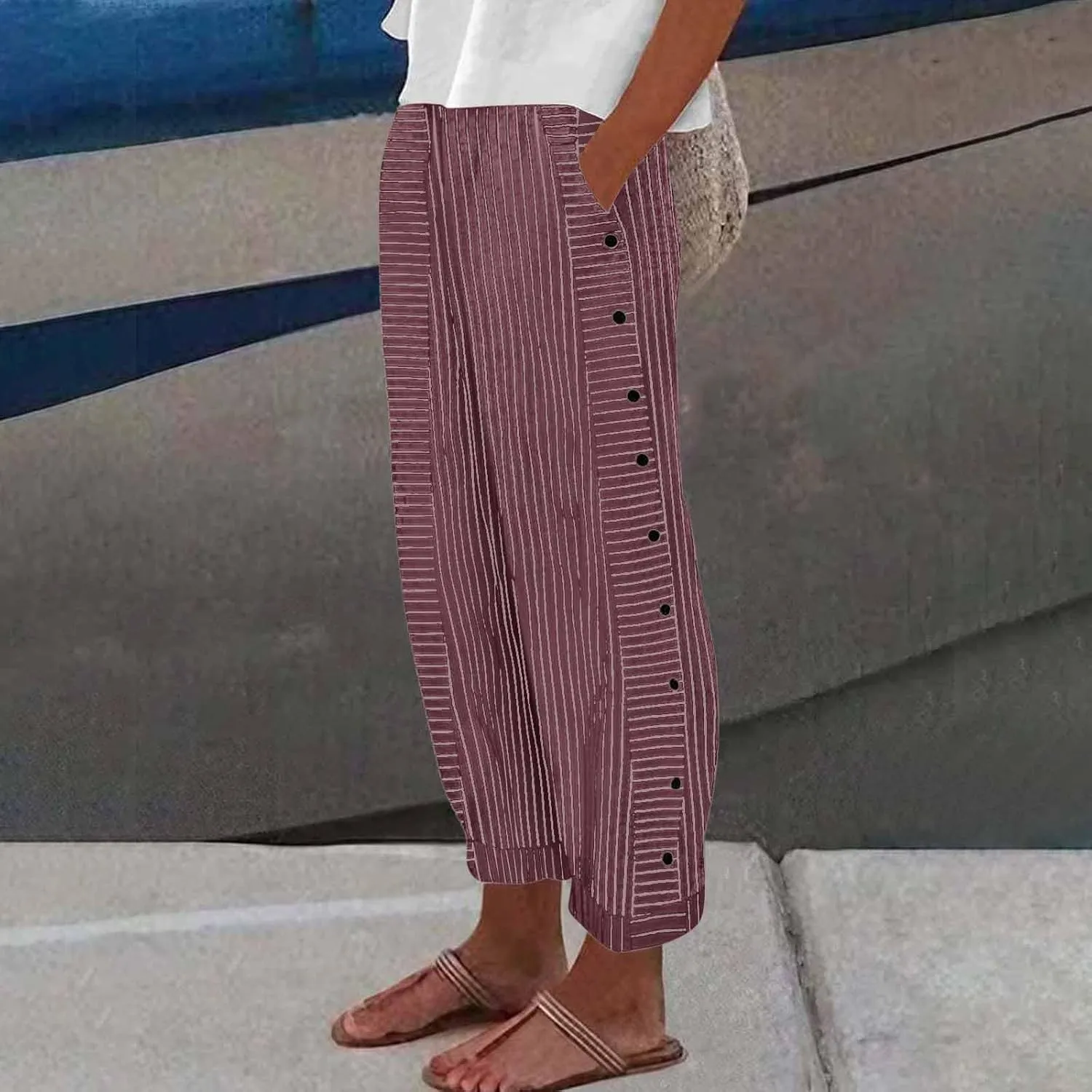 Striped Linen Pants Women Side Button High Waisted Straight Leg Pants Loose Fit Y2k Cotton Casual Pants with Pockets