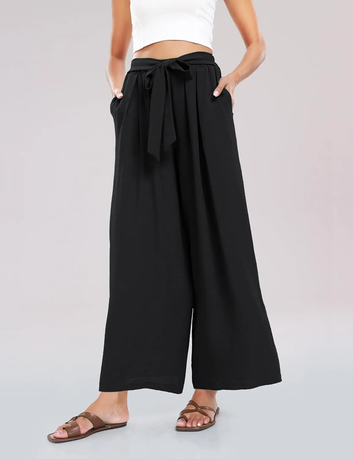 Summe Wide Leg Dress Pants for Women High Waisted Palazzo Casual Work Pants Beach Trousers with Pocket