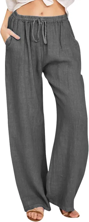 Summer Casual Pants For Women 2024 Trendy High Waist Pants Wide Leg Linen Palazzo Pants Lightweight Flowy Trouser
