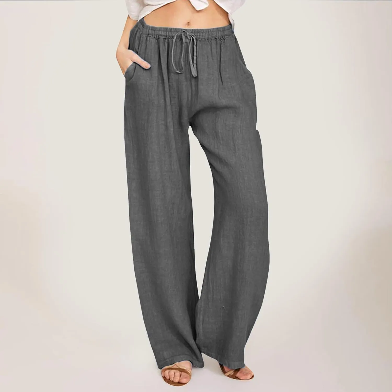 Summer Casual Pants For Women 2024 Trendy High Waist Pants Wide Leg Linen Palazzo Pants Lightweight Flowy Trouser
