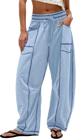 Summer Casual Wide Leg Pants for Women Drawstring Baggy Barrel Sweatpants High Waist Palazzo Lounge Pant with Pockets