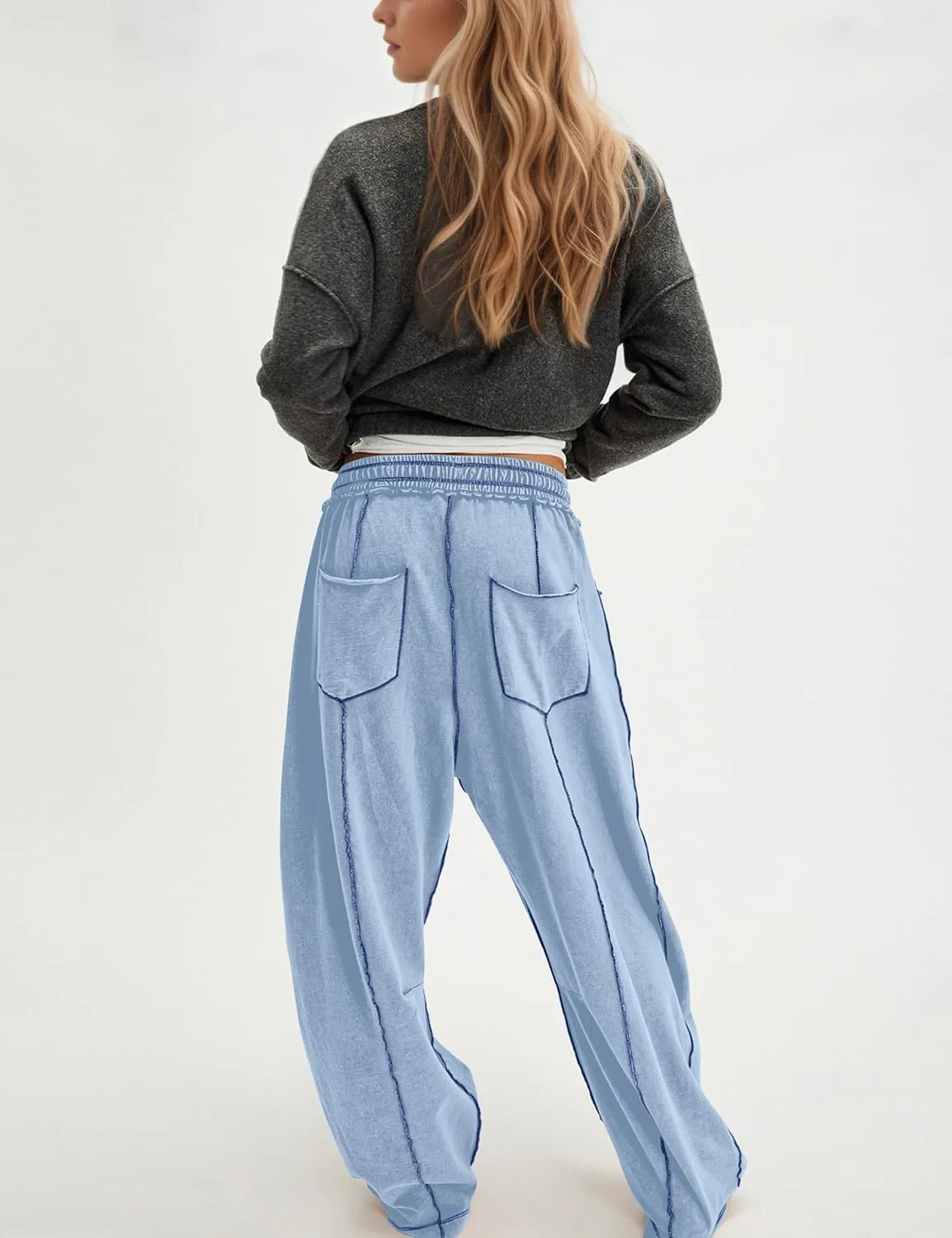 Summer Casual Wide Leg Pants for Women Drawstring Baggy Barrel Sweatpants High Waist Palazzo Lounge Pant with Pockets