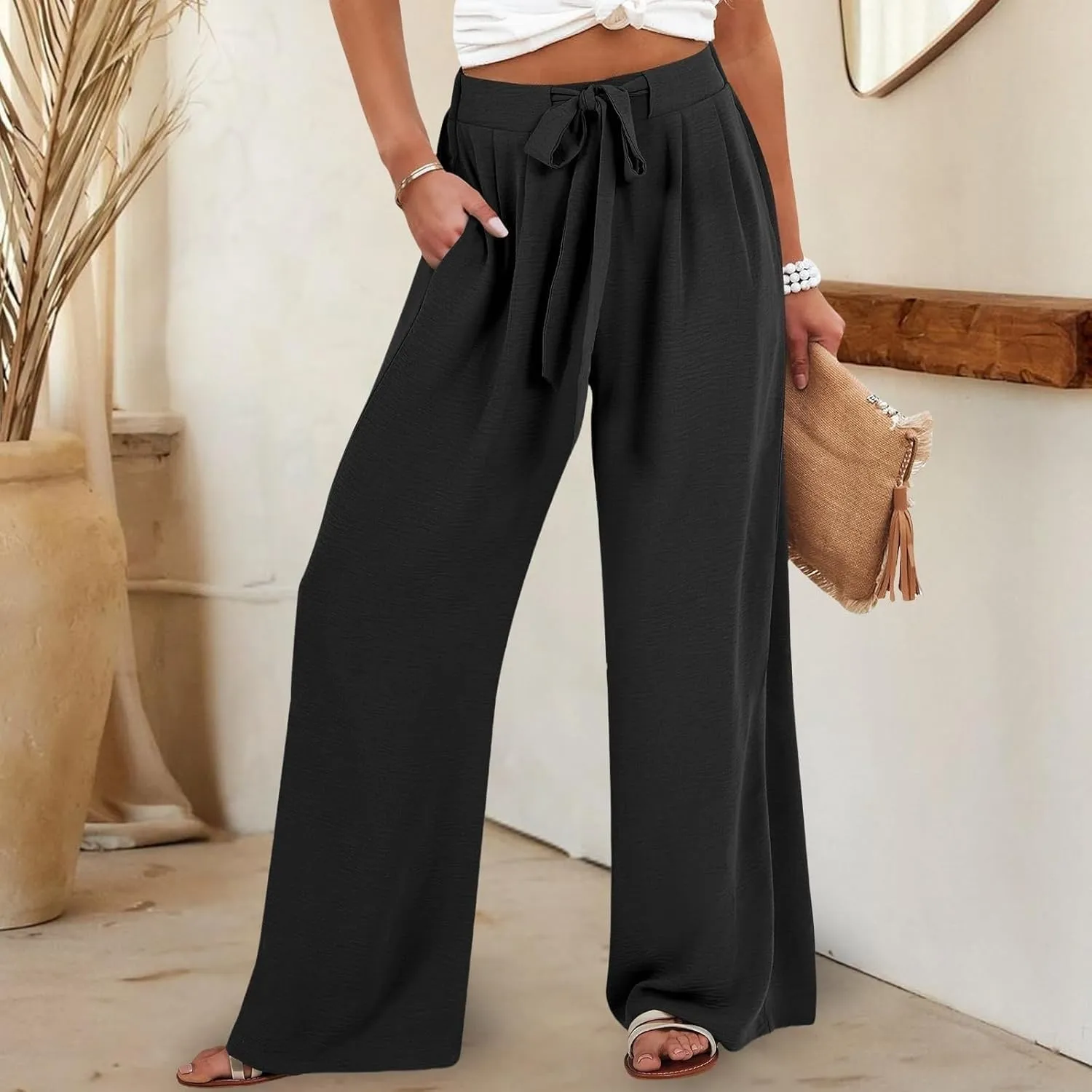 Summer Linen Pants for Women 2025 High Waisted Wide Leg Palazzo Pants Casual Loose Flowy Beach Trousers with Pockets