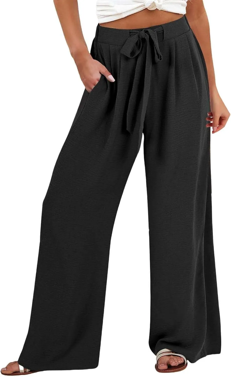 Summer Linen Pants for Women 2025 High Waisted Wide Leg Palazzo Pants Casual Loose Flowy Beach Trousers with Pockets