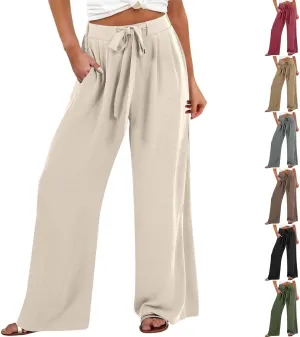 Summer Linen Pants for Women 2025 High Waisted Wide Leg Palazzo Pants Casual Loose Flowy Beach Trousers with Pockets