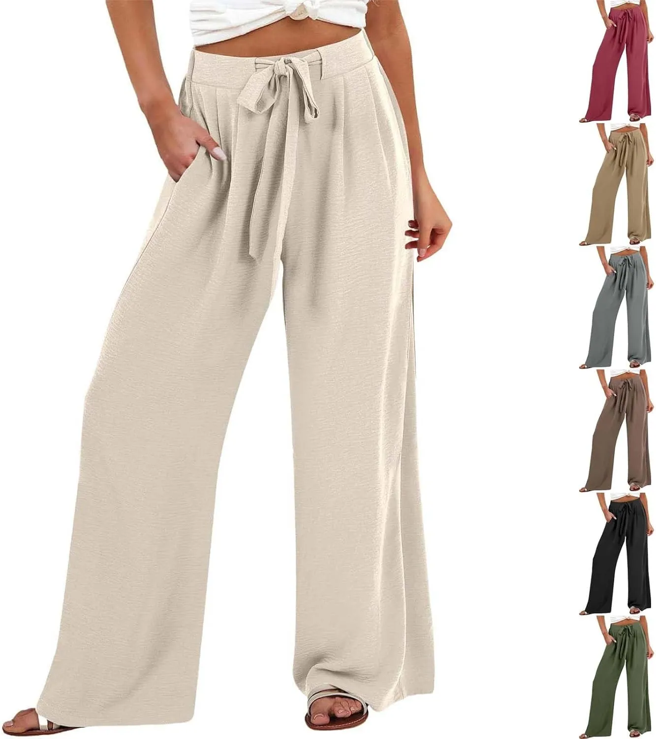 Summer Linen Pants for Women 2025 High Waisted Wide Leg Palazzo Pants Casual Loose Flowy Beach Trousers with Pockets