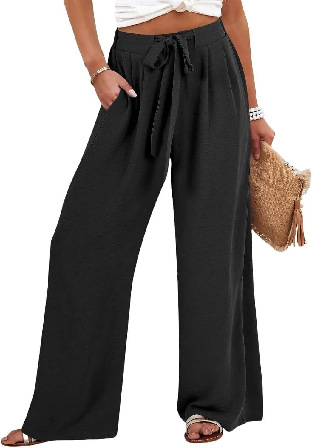 Summer Linen Pants for Women 2025 High Waisted Wide Leg Palazzo Pants Casual Loose Flowy Beach Trousers with Pockets