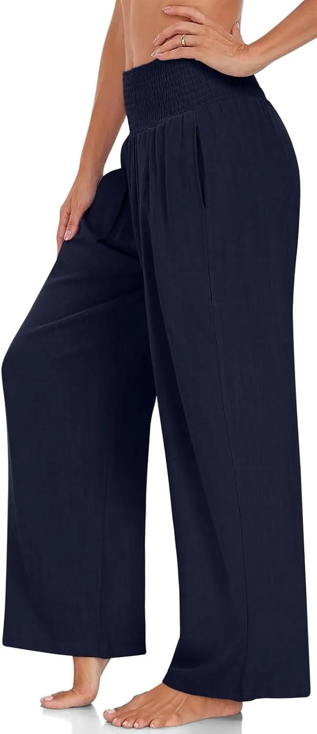 TARSE Womens Summer Linen Palazzo Pants Boho High Waisted Wide Leg Casual Long Lounge Pant Trousers with Pockets