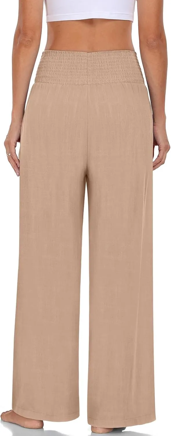 TARSE Womens Summer Linen Palazzo Pants Boho High Waisted Wide Leg Casual Long Lounge Pant Trousers with Pockets