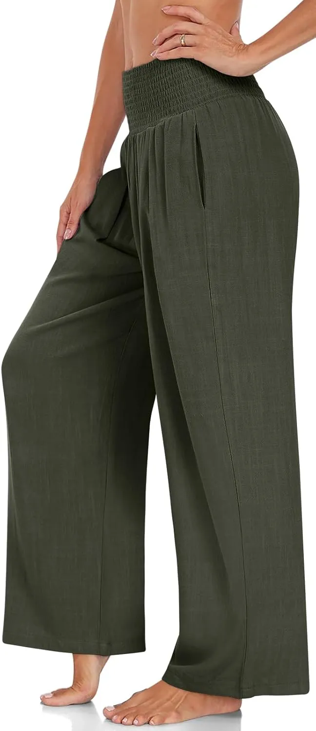 TARSE Womens Summer Linen Palazzo Pants Boho High Waisted Wide Leg Casual Long Lounge Pant Trousers with Pockets