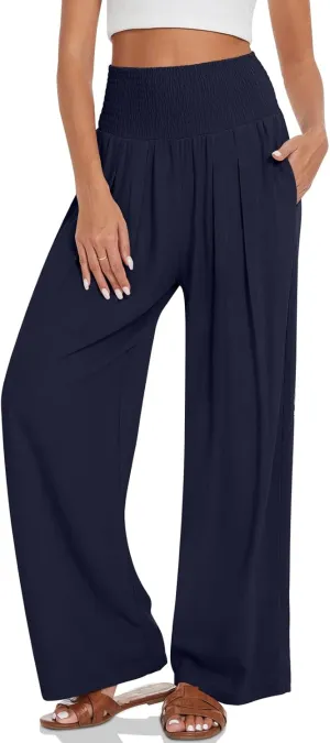 TARSE Womens Summer Linen Palazzo Pants Boho High Waisted Wide Leg Casual Long Lounge Pant Trousers with Pockets