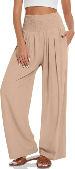 TARSE Womens Summer Linen Palazzo Pants Boho High Waisted Wide Leg Casual Long Lounge Pant Trousers with Pockets