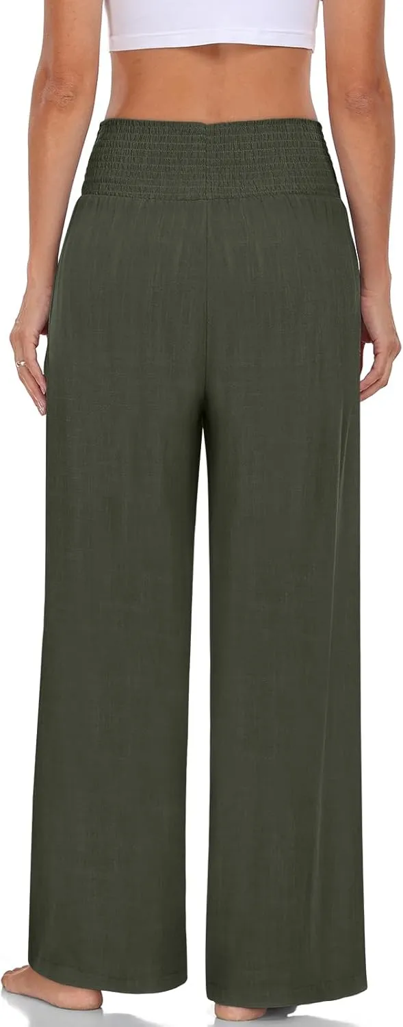 TARSE Womens Summer Linen Palazzo Pants Boho High Waisted Wide Leg Casual Long Lounge Pant Trousers with Pockets