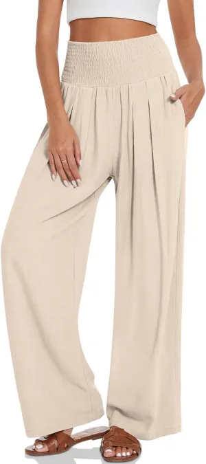 TARSE Womens Summer Linen Palazzo Pants Boho High Waisted Wide Leg Casual Long Lounge Pant Trousers with Pockets