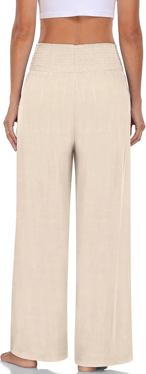 TARSE Womens Summer Linen Palazzo Pants Boho High Waisted Wide Leg Casual Long Lounge Pant Trousers with Pockets