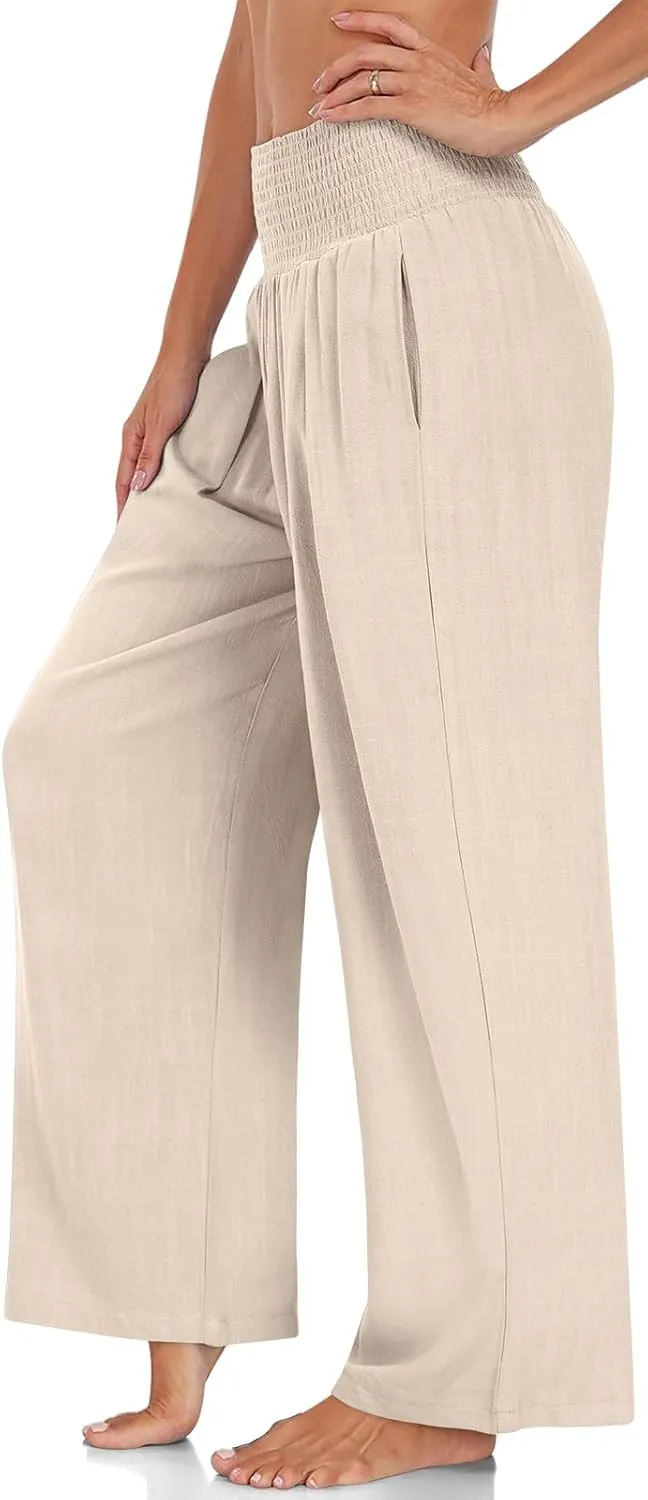 TARSE Womens Summer Linen Palazzo Pants Boho High Waisted Wide Leg Casual Long Lounge Pant Trousers with Pockets