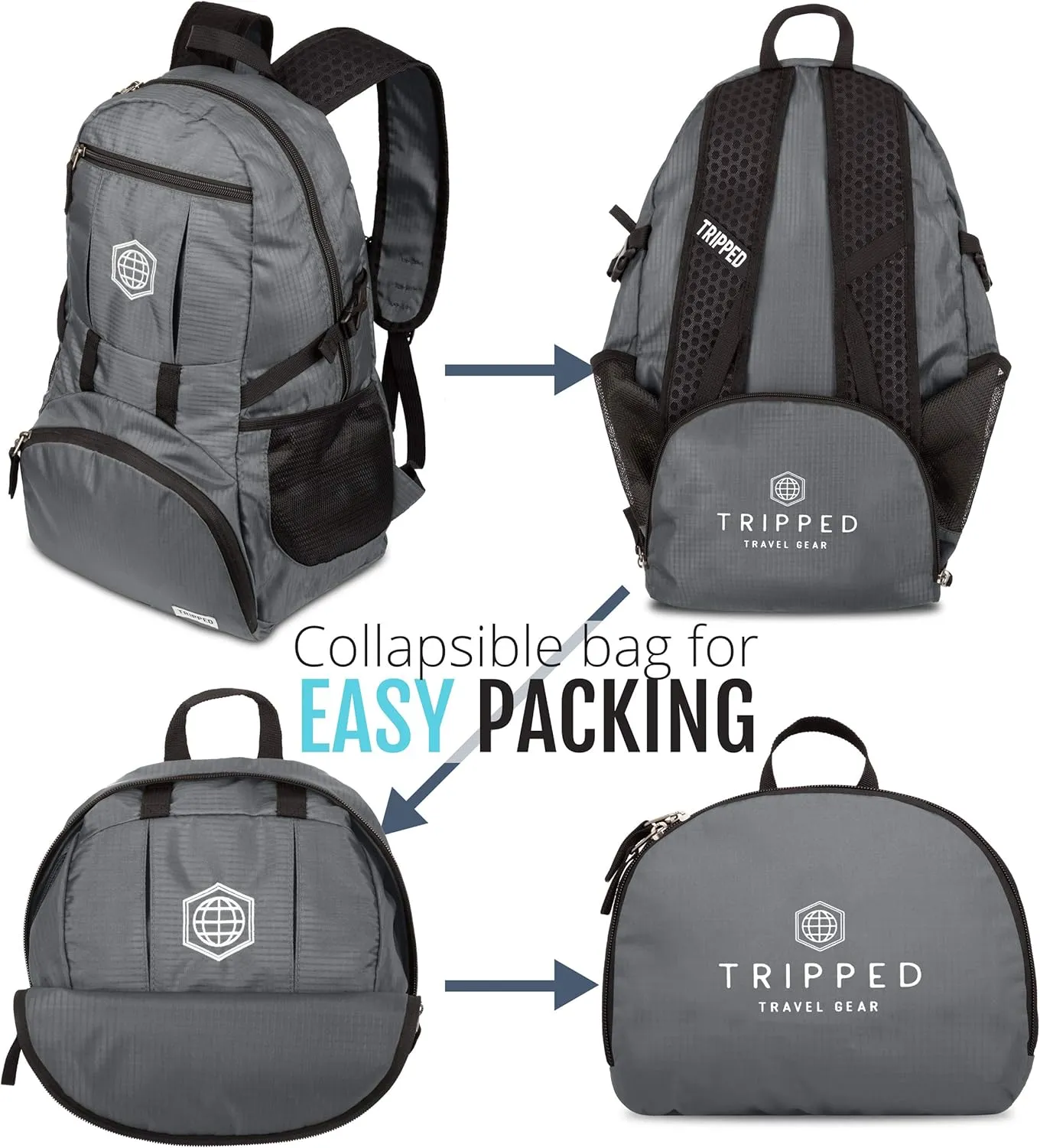 TRIPPED Travel Gear Granite Grey 35L Foldable Backpack, Lightweight, Packable, with Padded Shoulder Straps, Ideal for Travel, Hiking, and Everyday Use