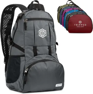 TRIPPED Travel Gear Granite Grey 35L Foldable Backpack, Lightweight, Packable, with Padded Shoulder Straps, Ideal for Travel, Hiking, and Everyday Use