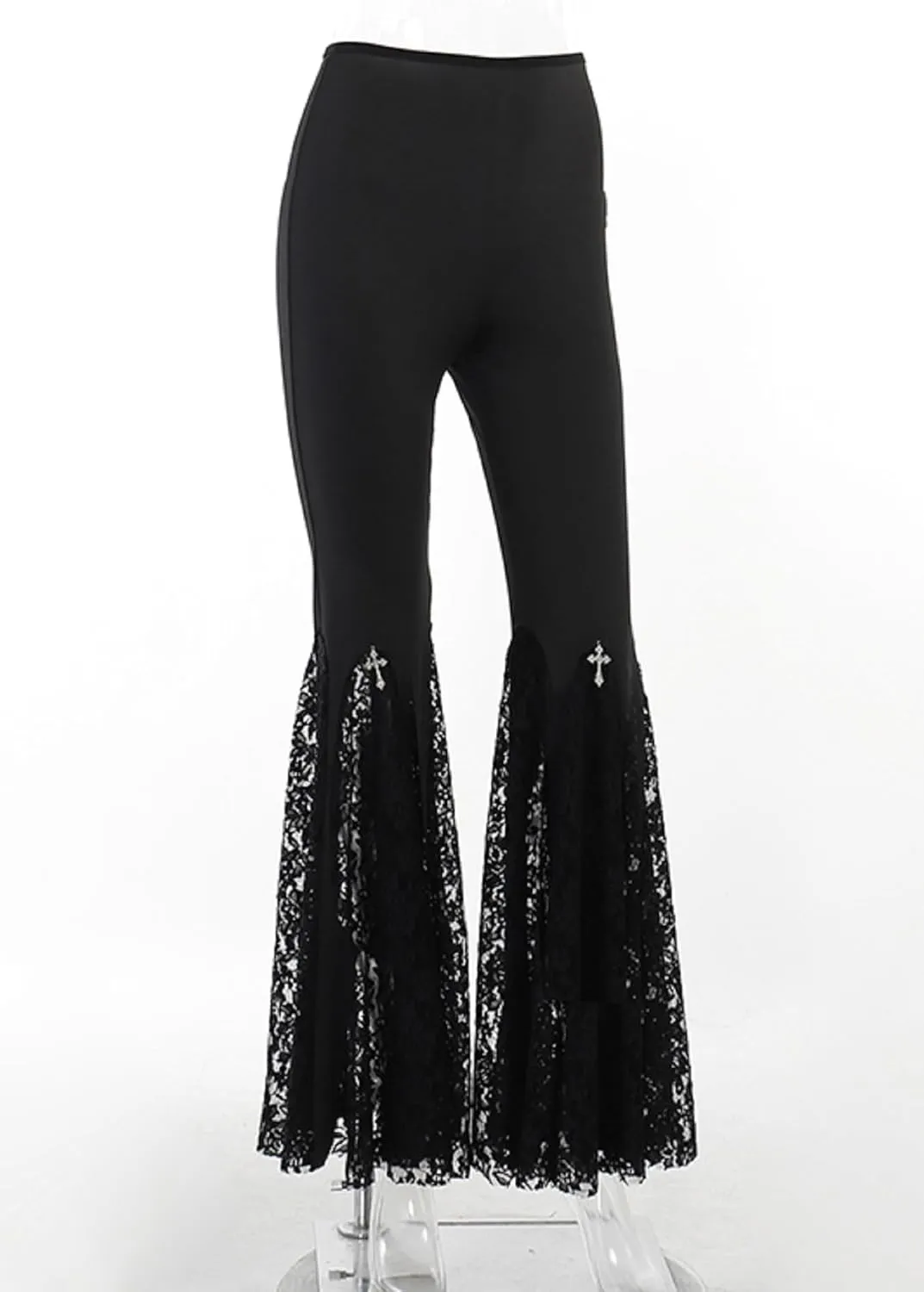 TSMNZMU Womens Gothic Pants Punk Midi Waist Grunge Trousers Flare Leg Y2K Emo Pants Lace Patchwork Pants with Chain