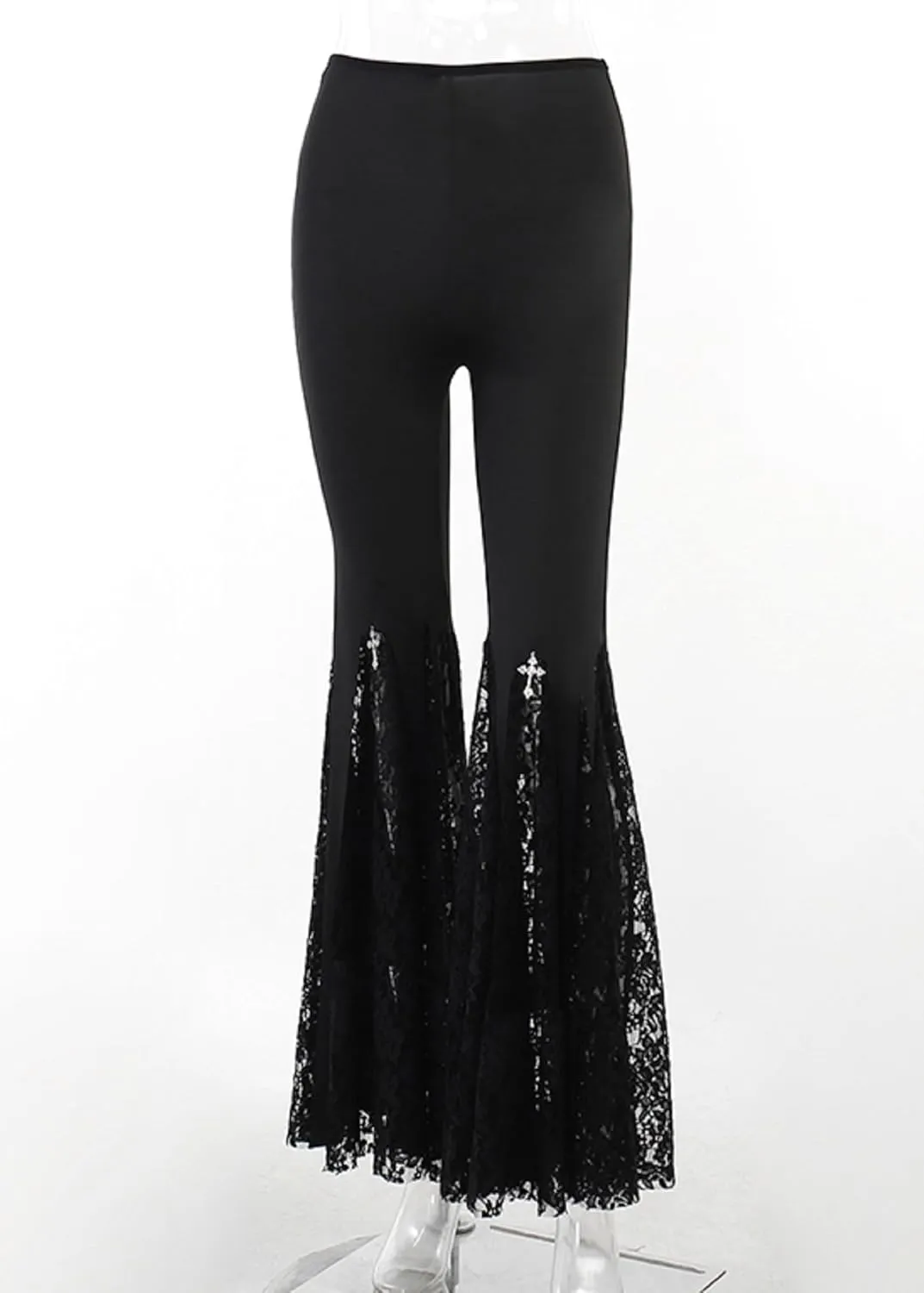 TSMNZMU Womens Gothic Pants Punk Midi Waist Grunge Trousers Flare Leg Y2K Emo Pants Lace Patchwork Pants with Chain