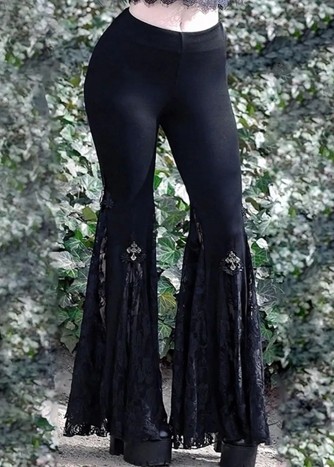 TSMNZMU Womens Gothic Pants Punk Midi Waist Grunge Trousers Flare Leg Y2K Emo Pants Lace Patchwork Pants with Chain