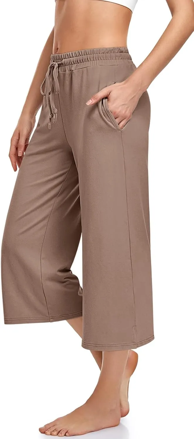 UEU Womens Capri Yoga Pants Summer Wide Leg Loose Casual Cropped Lounge Drawstring Pajama Capris Sweatpants with Pockets