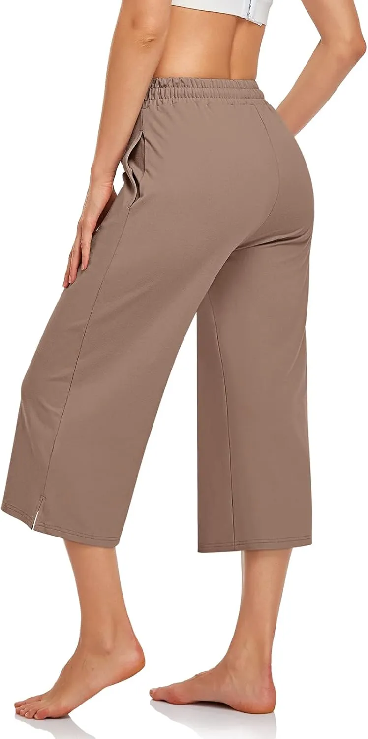 UEU Womens Capri Yoga Pants Summer Wide Leg Loose Casual Cropped Lounge Drawstring Pajama Capris Sweatpants with Pockets