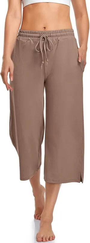 UEU Womens Capri Yoga Pants Summer Wide Leg Loose Casual Cropped Lounge Drawstring Pajama Capris Sweatpants with Pockets