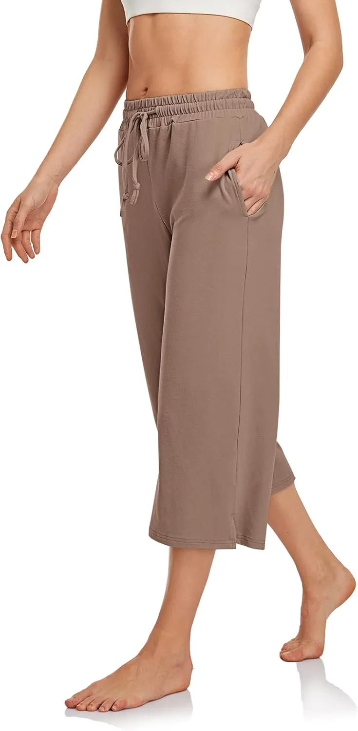 UEU Womens Capri Yoga Pants Summer Wide Leg Loose Casual Cropped Lounge Drawstring Pajama Capris Sweatpants with Pockets