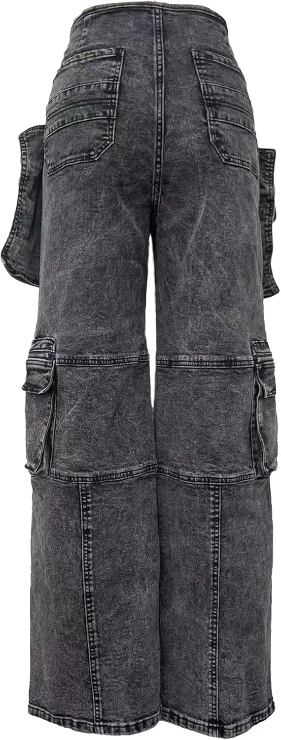 Vakkest Denim Cargo Jeans for Women High Waisted Loose Baggy Straight Wide Leg Stretch Pants Y2K Streetwear with Flap Pockets