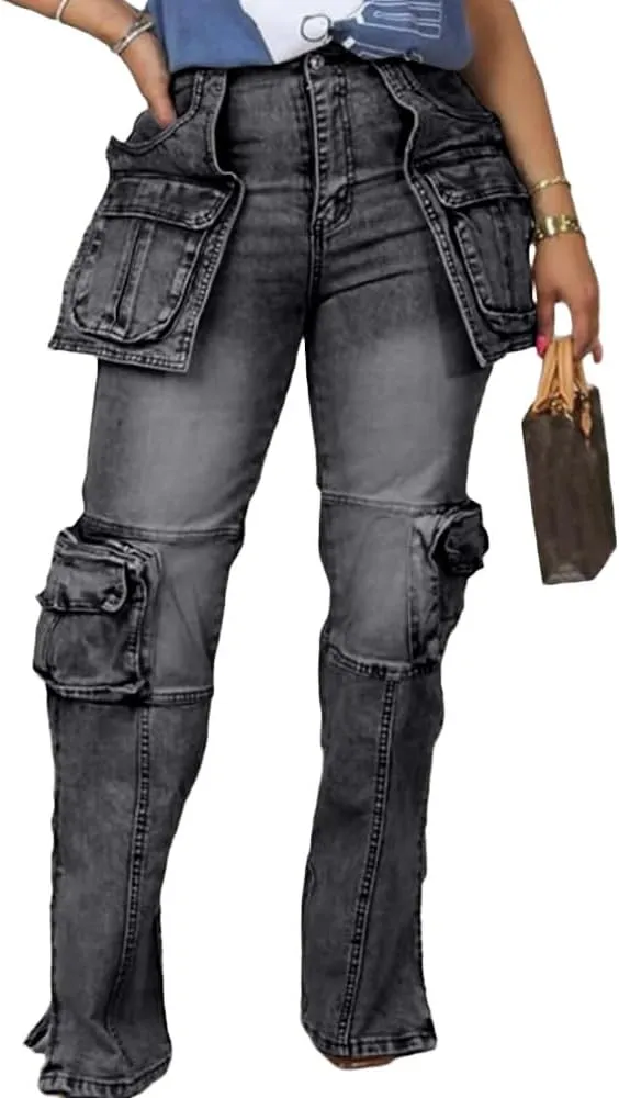 Vakkest Denim Cargo Jeans for Women High Waisted Loose Baggy Straight Wide Leg Stretch Pants Y2K Streetwear with Flap Pockets