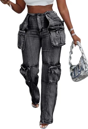 Vakkest Denim Cargo Jeans for Women High Waisted Loose Baggy Straight Wide Leg Stretch Pants Y2K Streetwear with Flap Pockets