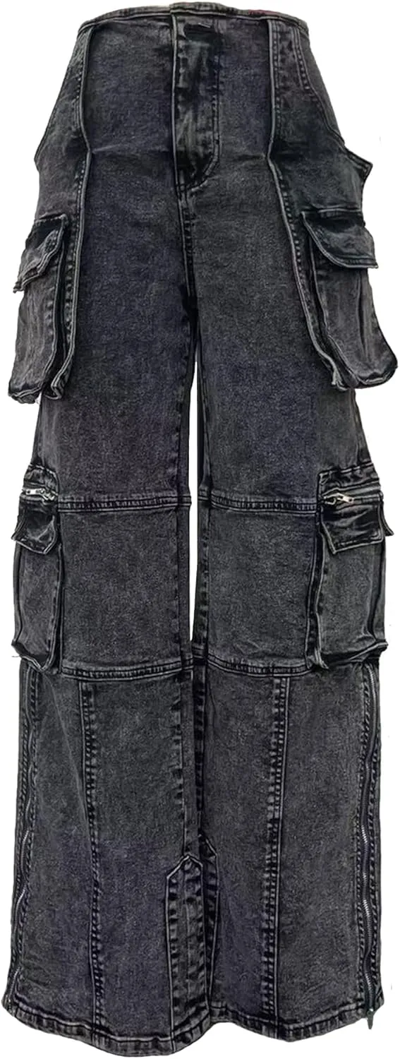 Vakkest Denim Cargo Jeans for Women High Waisted Loose Baggy Straight Wide Leg Stretch Pants Y2K Streetwear with Flap Pockets