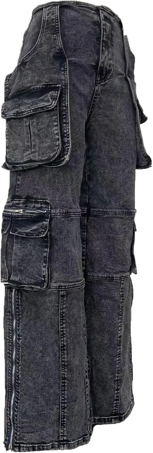 Vakkest Denim Cargo Jeans for Women High Waisted Loose Baggy Straight Wide Leg Stretch Pants Y2K Streetwear with Flap Pockets